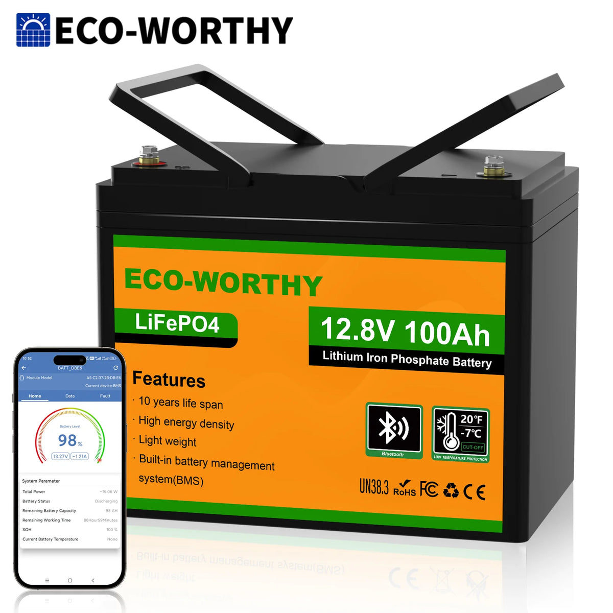 Eco-Worthy 12V 100Ah LiFePO4 Battery With Bluetooth Protection