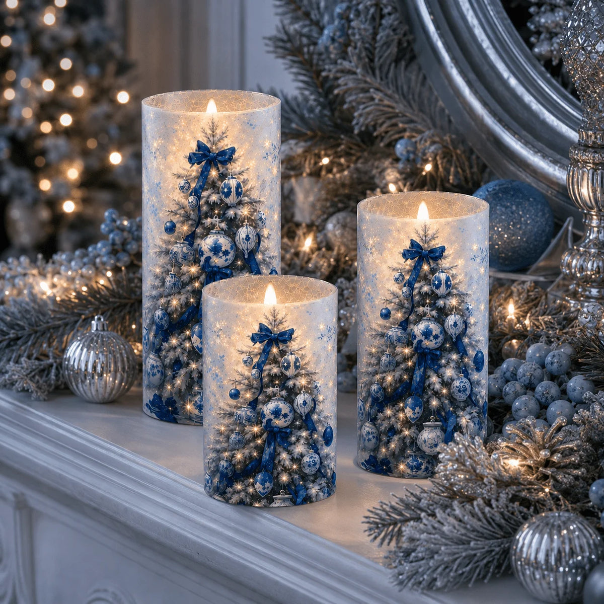 Christmas Flameless Candles With Snowy Tree Pattern Holiday Decor