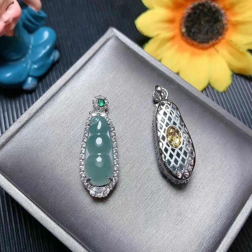 Jade green bean and lucky bean pendant, copper inlaid with jade, fashionable women's pendant