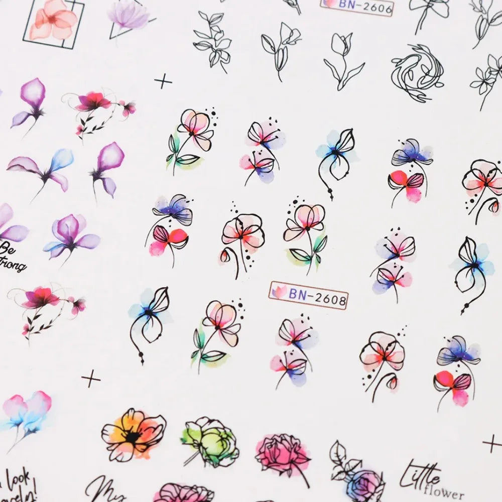 Ink Flower Nail Art Stickers With Blooming Floral Decal Designs
