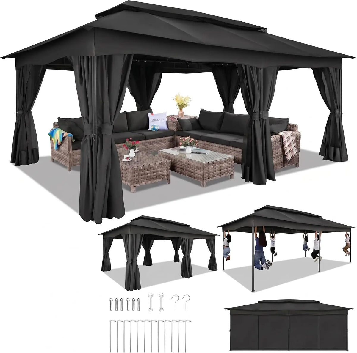 Tooluck Outdoor Gazebo With Curtains And Ventilated Double Roof