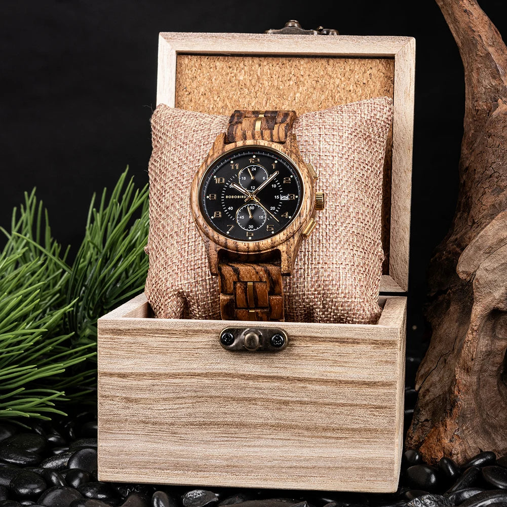 BOBO BIRD Men’s Wooden Chronograph Watch Luminous Hands, Handcrafted Chronograph Wrist Watch with Gift Box Adjustable Wooden Strap Perfect Gift for Anniversary Birthday