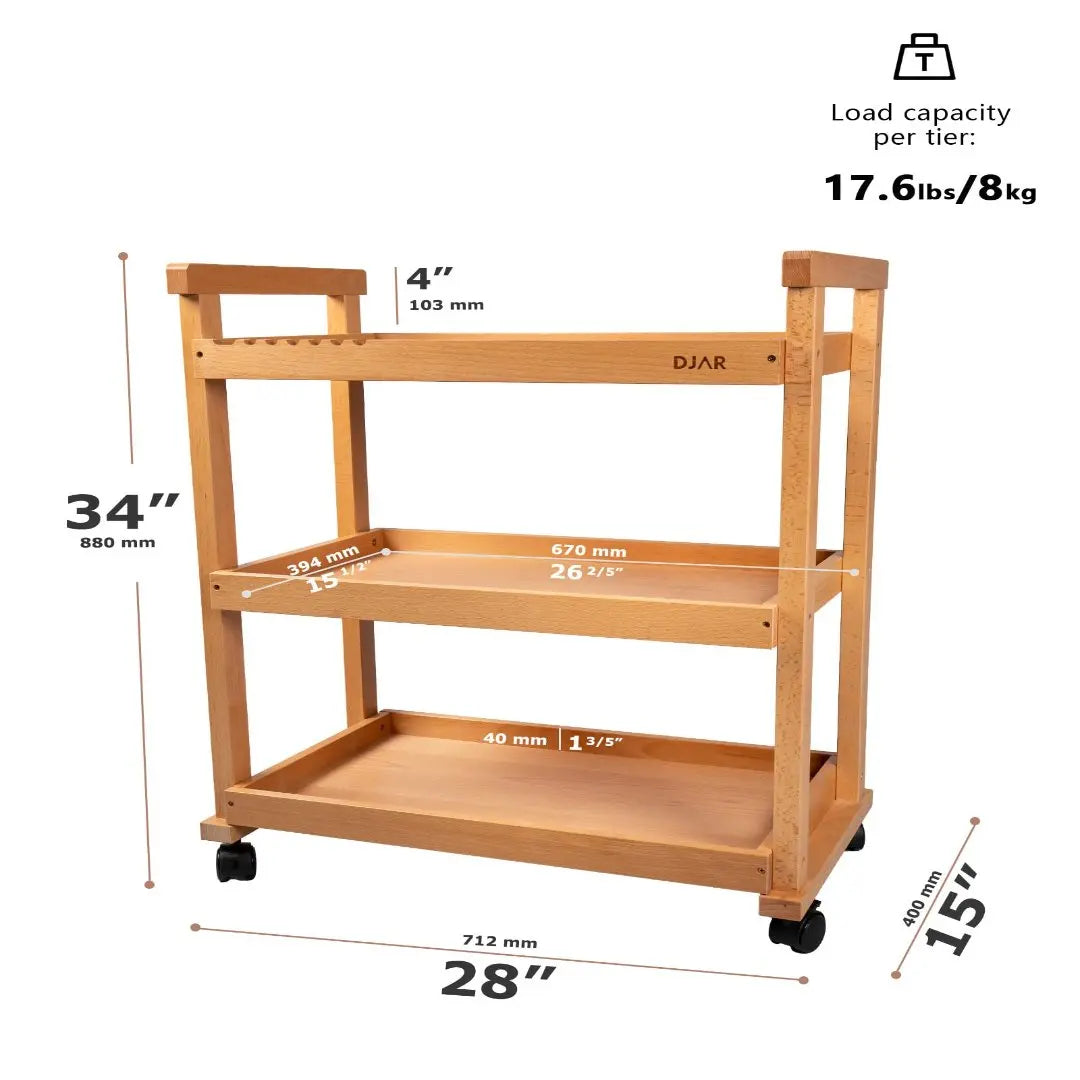 DJAR 3-Tier Rolling Art Supplies Cart for Artists, Silicone Pad, Natural