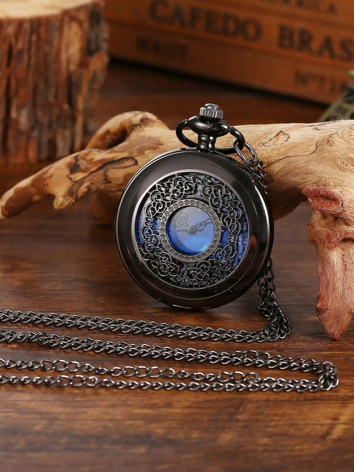Starry Sky Blue Dial Pendant Bronze Hollow Quartz Pocket Watch, Vintage Wrist Watch With Roman Numerals
