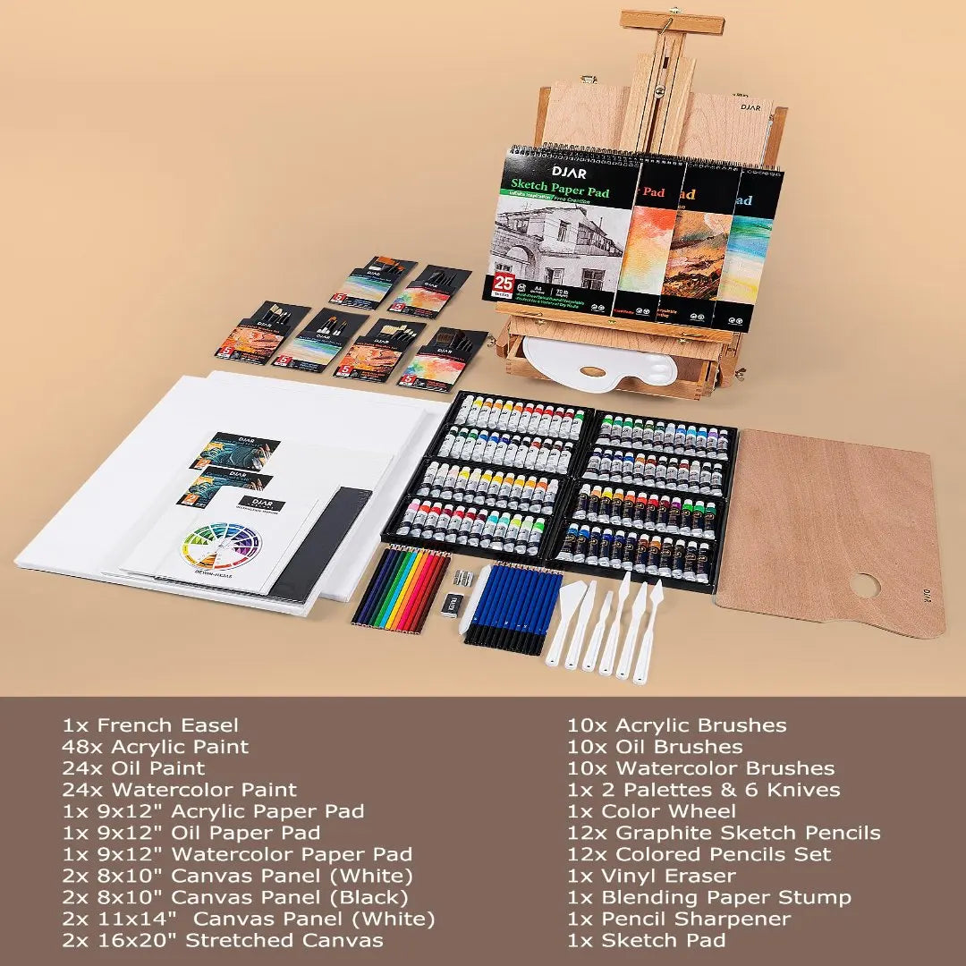 DJAR 169-Piece Wooden French Easel Art Painting Kit for Adults