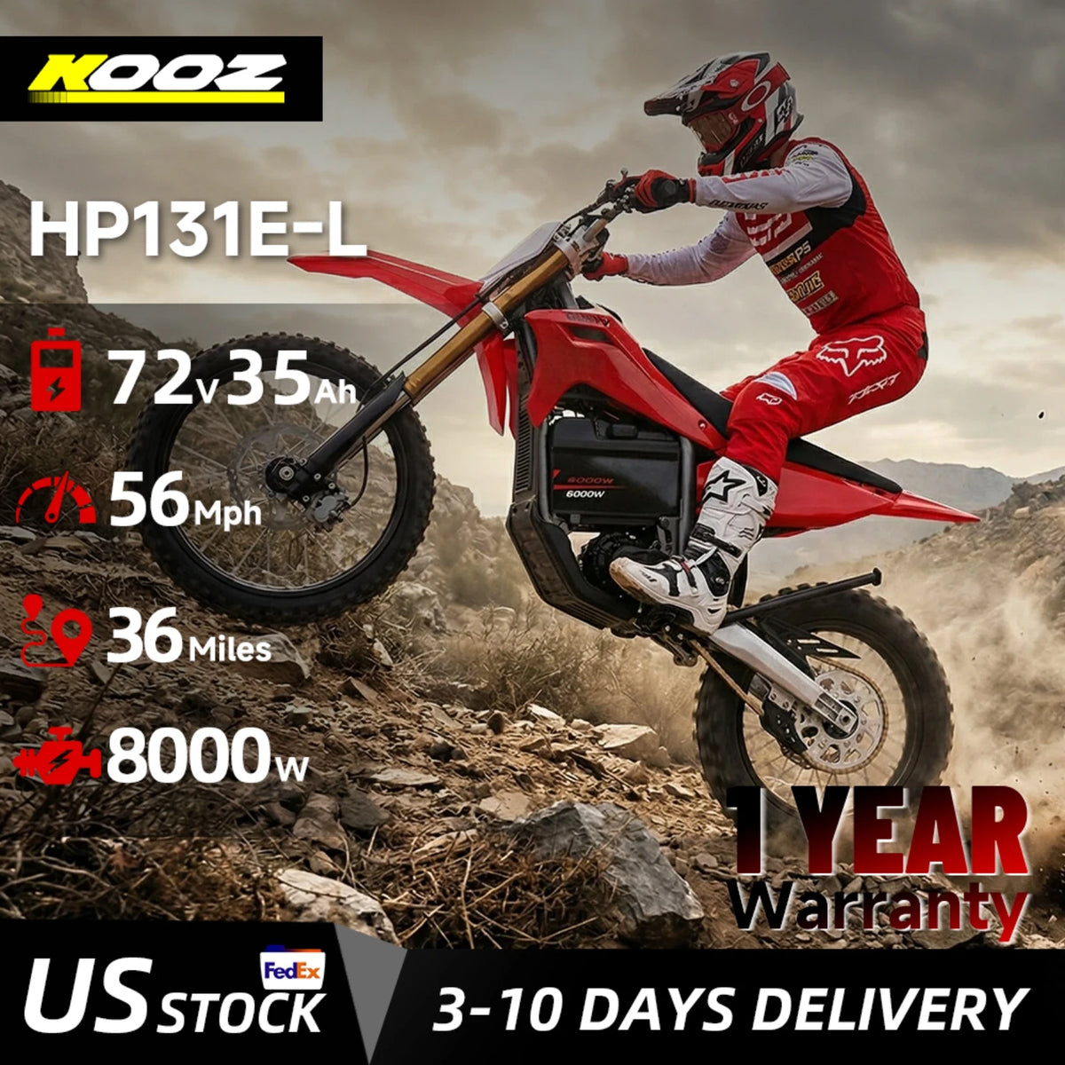 KOOZ HP131E-L 72V 8000W Adult Electric Dirt Bike, Electric Motorcycle for Adult, Max Speed 56MPH, 35AH Lithium Battery, 19"/16" Knobby Off Road Tires, Hydraulic Brakes, Dual Shock Absorber, UL2272, SGS Certified