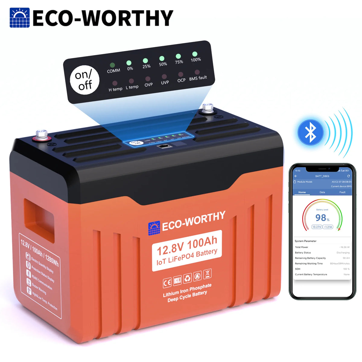 Eco-Worthy 12V 100Ah LiFePO4 Battery With Bluetooth Protection