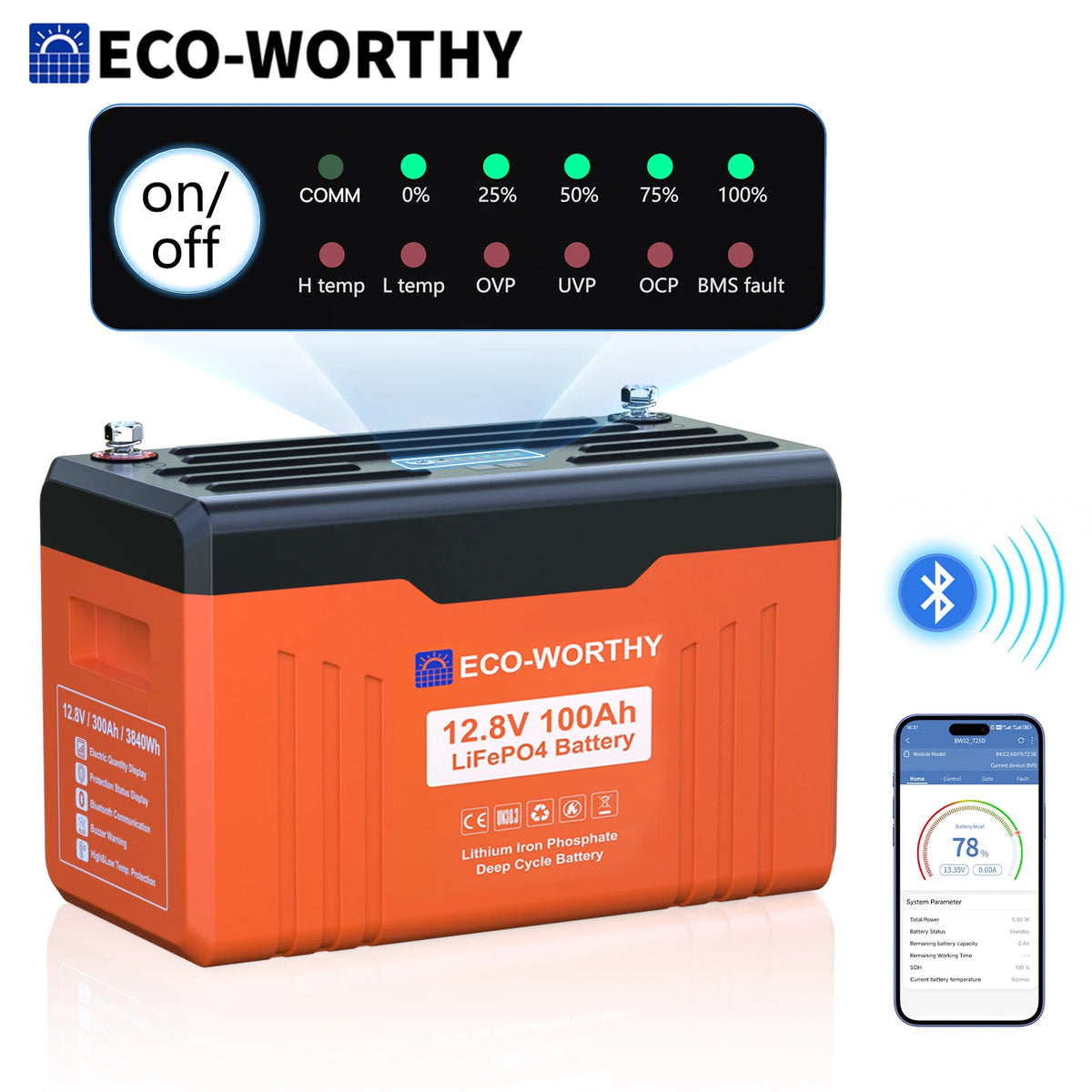 Eco-Worthy 12V 100Ah LiFePO4 Battery With Bluetooth Protection