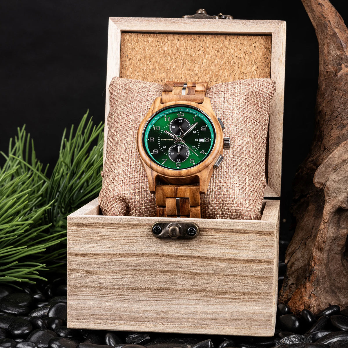BOBO BIRD Men’s Wooden Chronograph Watch Luminous Hands, Handcrafted Chronograph Wrist Watch with Gift Box Adjustable Wooden Strap Perfect Gift for Anniversary Birthday