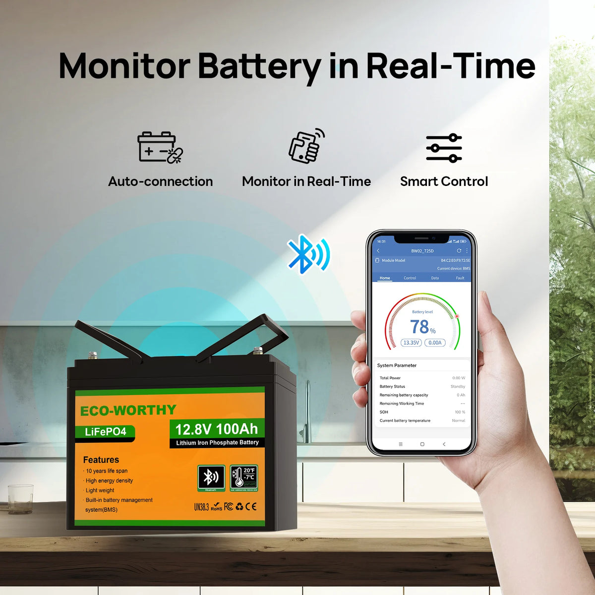 Eco Worthy 12V 100Ah LiFePO4 Lithium Battery With Bluetooth