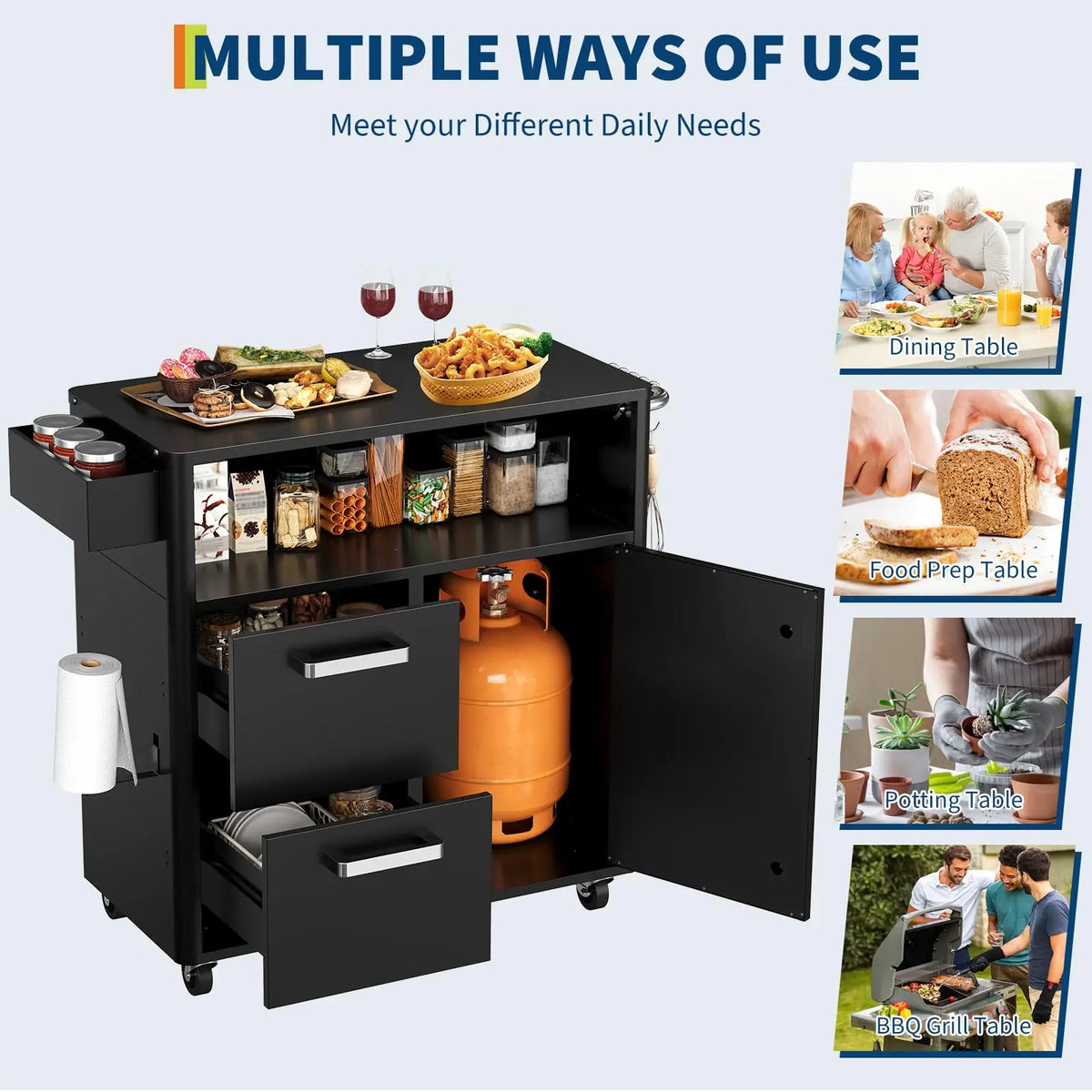 HiMISS Outdoor Grill Cart With Stainless Steel Prep Table