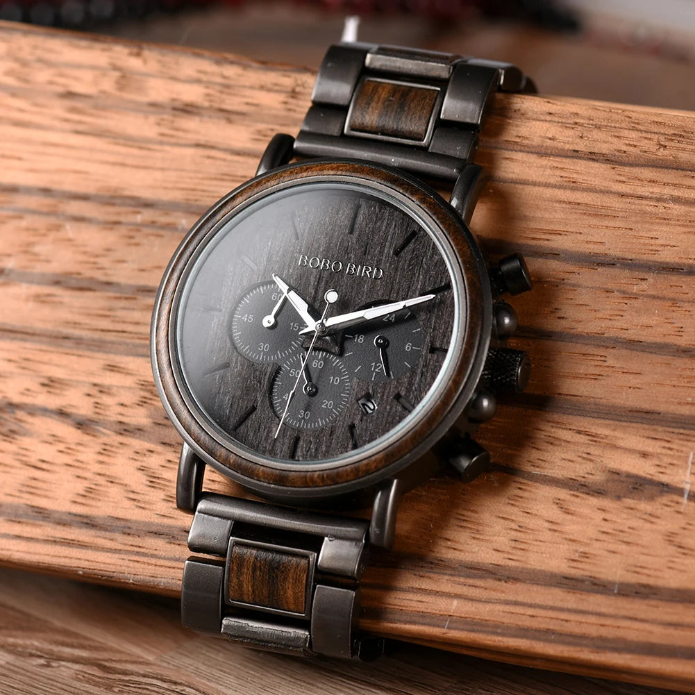 Emibele Wooden Watch for Men, Date Display Chronograph Quartz Wrist Watch, 3 Sub-dials Handmade Light Weight Luminous Watch