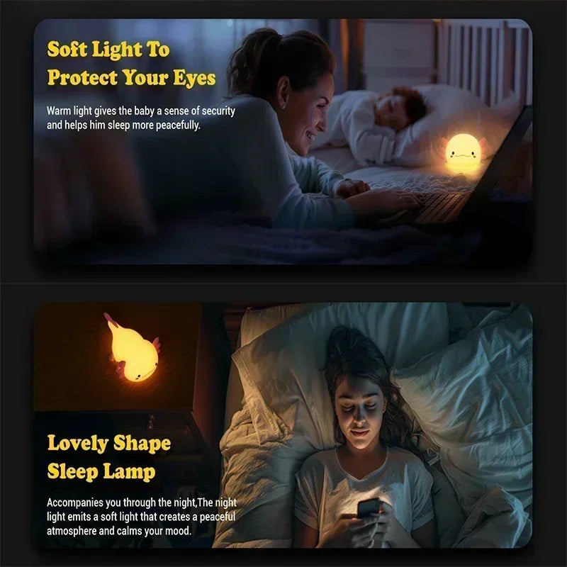 Cute Axolotl Silicone Night Light Touch Control USB Rechargeable Lamp