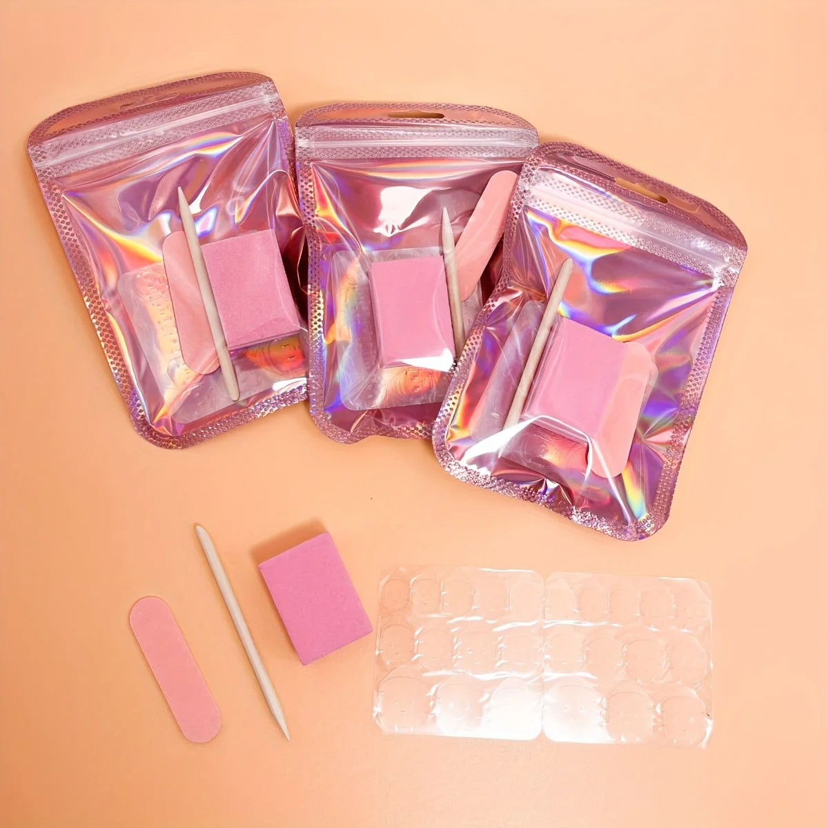 15Set Press On Nail Tool Prep Kit, 75pcs Disposable Manicure Kit with Nail File, Buffer, Adhesive Nail Tabs, Wood Stick, Hologra foil nail art nail art stickers nail wraps nail art stickers nail sticker