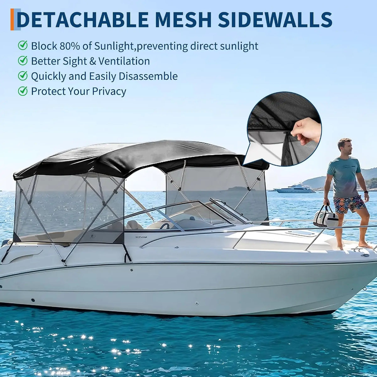 Garvee Boat Bimini Top Canopy With Mesh Side Curtains