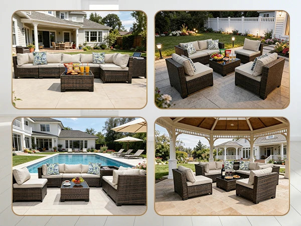 Cozy Modular Corner Outdoor Sofa Collection, PE Rattan Wicker Patio Furniture With Practical Storage Boxes, Soft Plush Cushions, Sturdy Steel Frame, All‑Weather Backyard Lounge Seating Group, 8‑Pieces For Terrace, Porch,