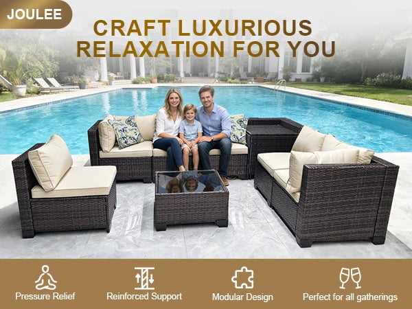 Cozy Modular Corner Outdoor Sofa Collection, PE Rattan Wicker Patio Furniture With Practical Storage Boxes, Soft Plush Cushions, Sturdy Steel Frame, All‑Weather Backyard Lounge Seating Group, 8‑Pieces For Terrace, Porch,