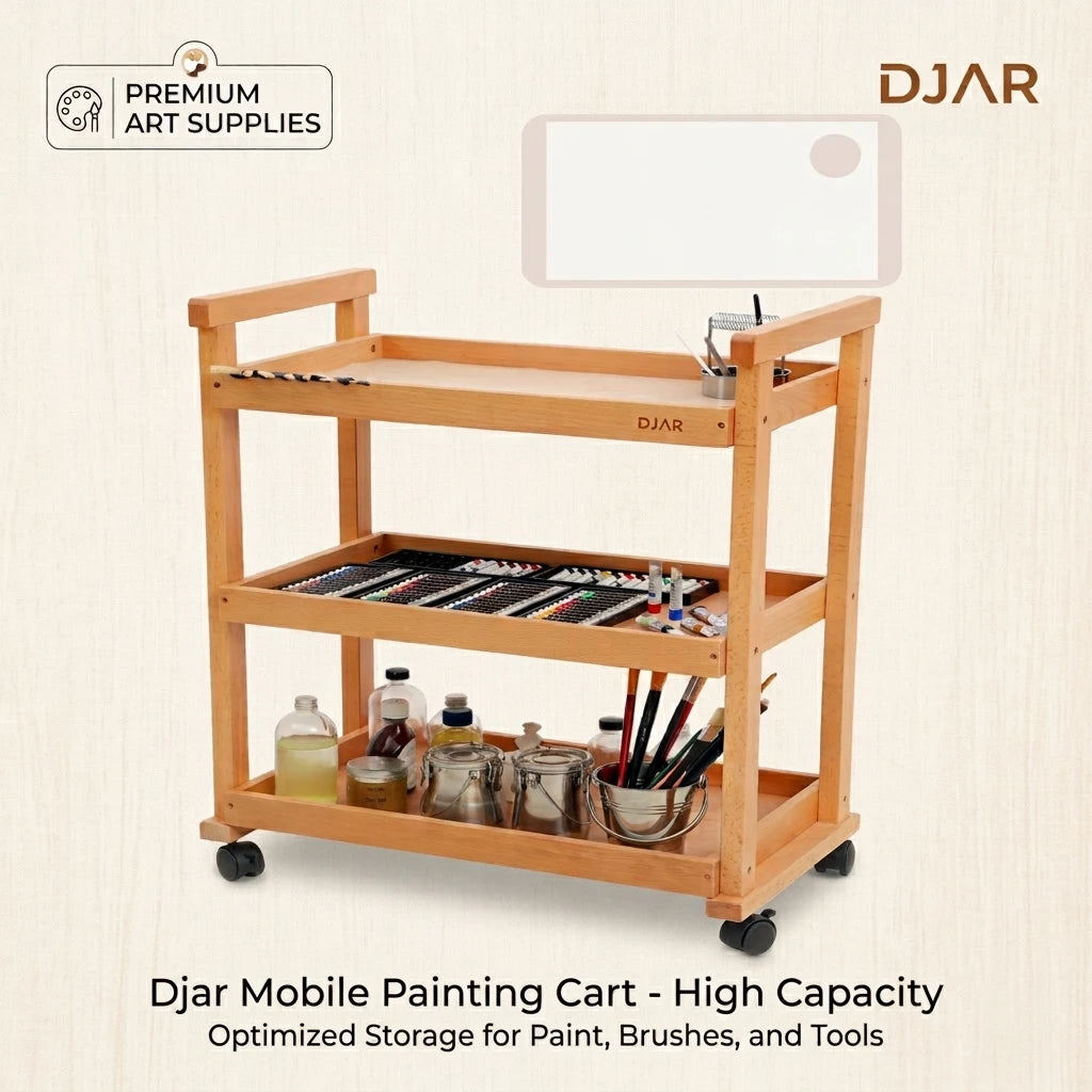 DJAR 3-Tier Rolling Art Supplies Cart for Artists, Silicone Pad, Natural