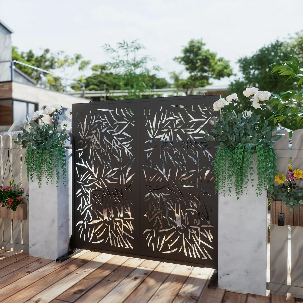 16 in. D x 47 in. W x 72 in. H Black Galvanized Steel Outdoor Privacy Screen Decorative Metal Fence Panel