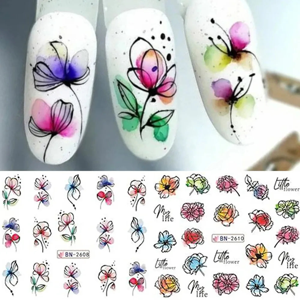 Ink Flower Nail Art Stickers With Blooming Floral Decal Designs