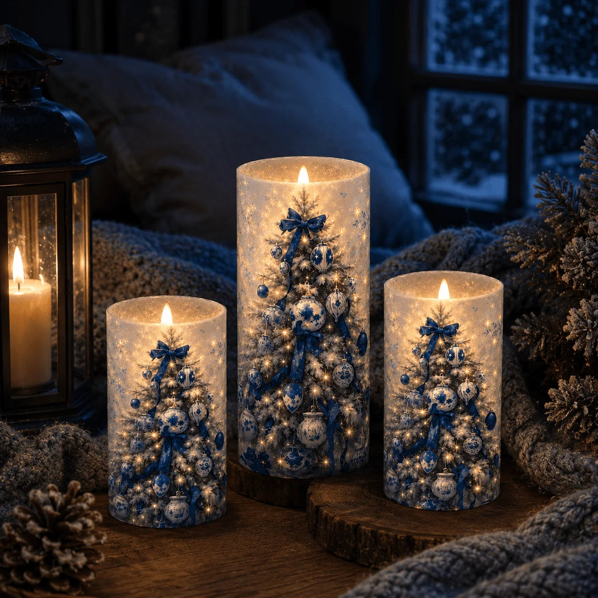 Christmas Flameless Candles With Snowy Tree Pattern Holiday Decor