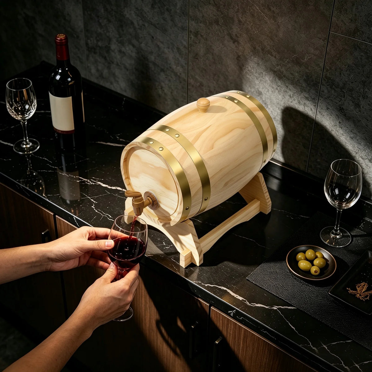 Wine Barrel Wine Barrel with Stand Wood Barrel for Whiskey and Wine 1.32 Gallon Pine Wood Wine Dispenser Barrel Oval Log Grain With Stable Stand Metal Hoop Spigot Faucet Easy Clean For Home Bar Party Wedding Housewarming Gift