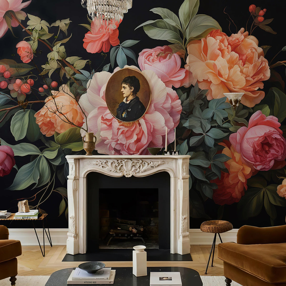 JIFFDIFF 375*250cm custom papel de parede Antique black flowers wallpaper background wall mural waterproof dark cabinet sticker