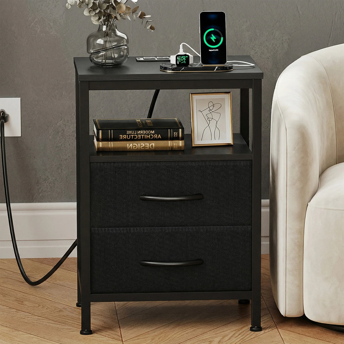 JHK Nightstand With Fabric Drawers Open Shelf USB Charging Station