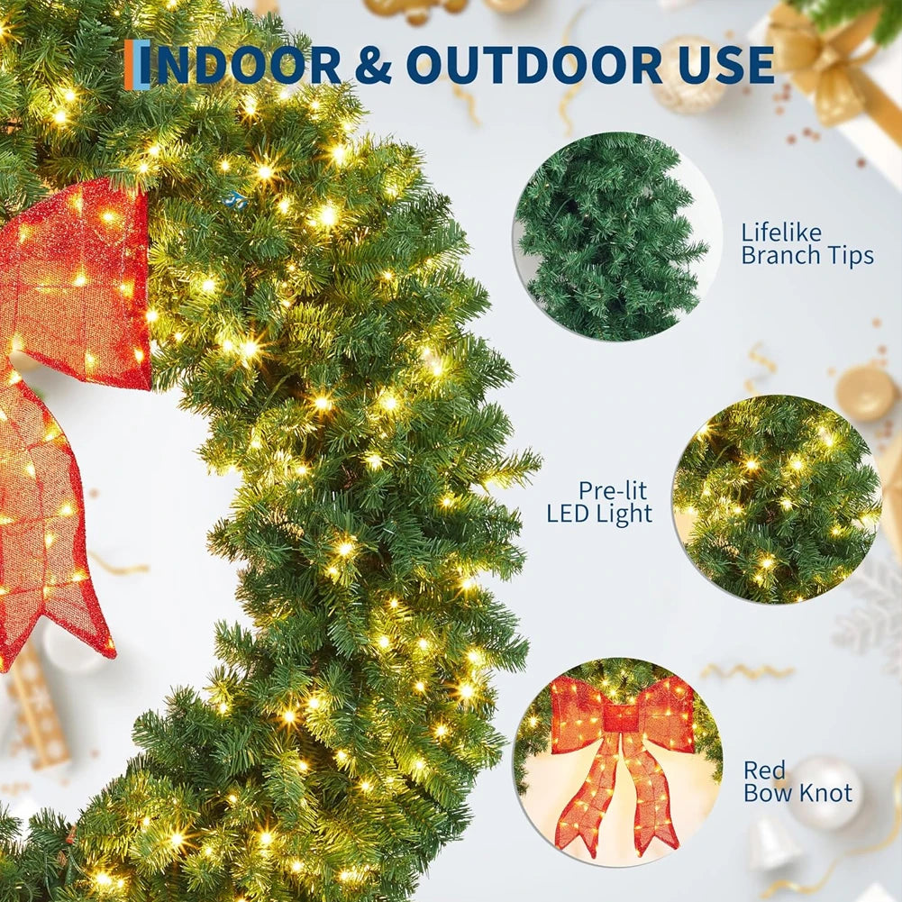 Studyset Pre-Lit Christmas Wreath Bow LED Lights Indoor Outdoor Decoration