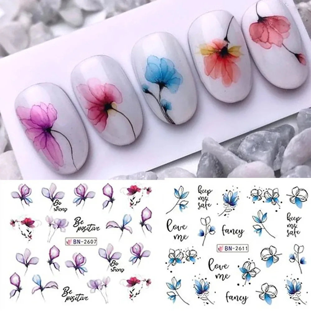 Ink Flower Nail Art Stickers With Blooming Floral Decal Designs
