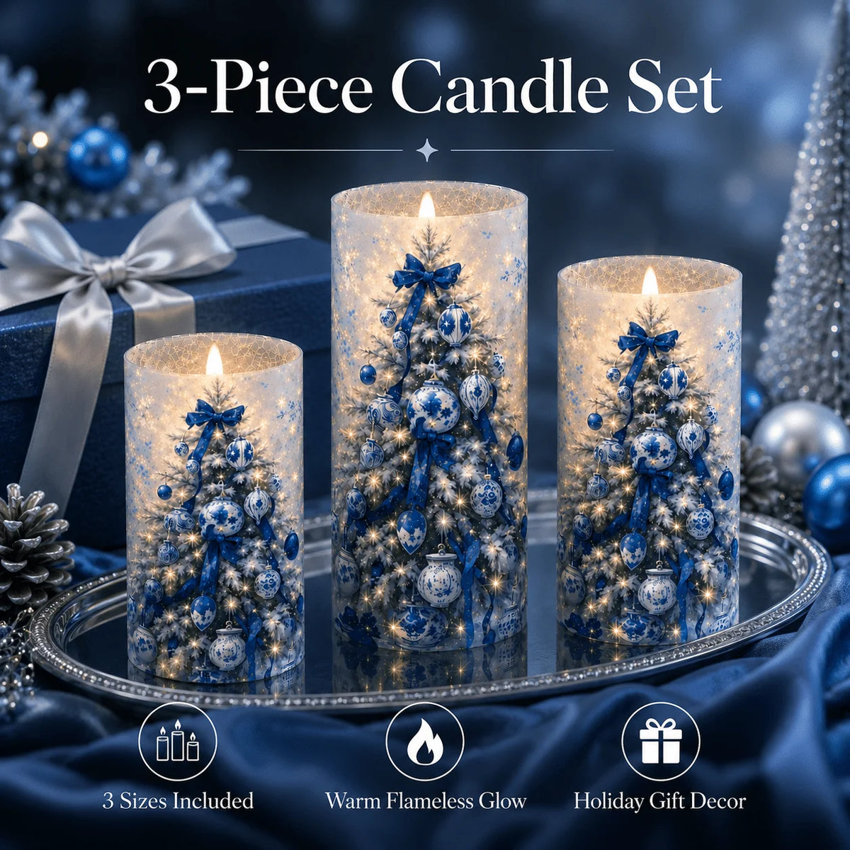 Christmas Flameless Candles With Snowy Tree Pattern Holiday Decor