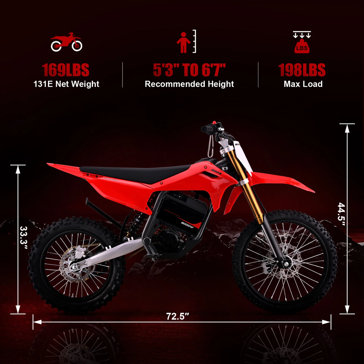 KOOZ HP131E-L 72V 8000W Adult Electric Dirt Bike, Electric Motorcycle for Adult, Max Speed 56MPH, 35AH Lithium Battery, 19"/16" Knobby Off Road Tires, Hydraulic Brakes, Dual Shock Absorber, UL2272, SGS Certified