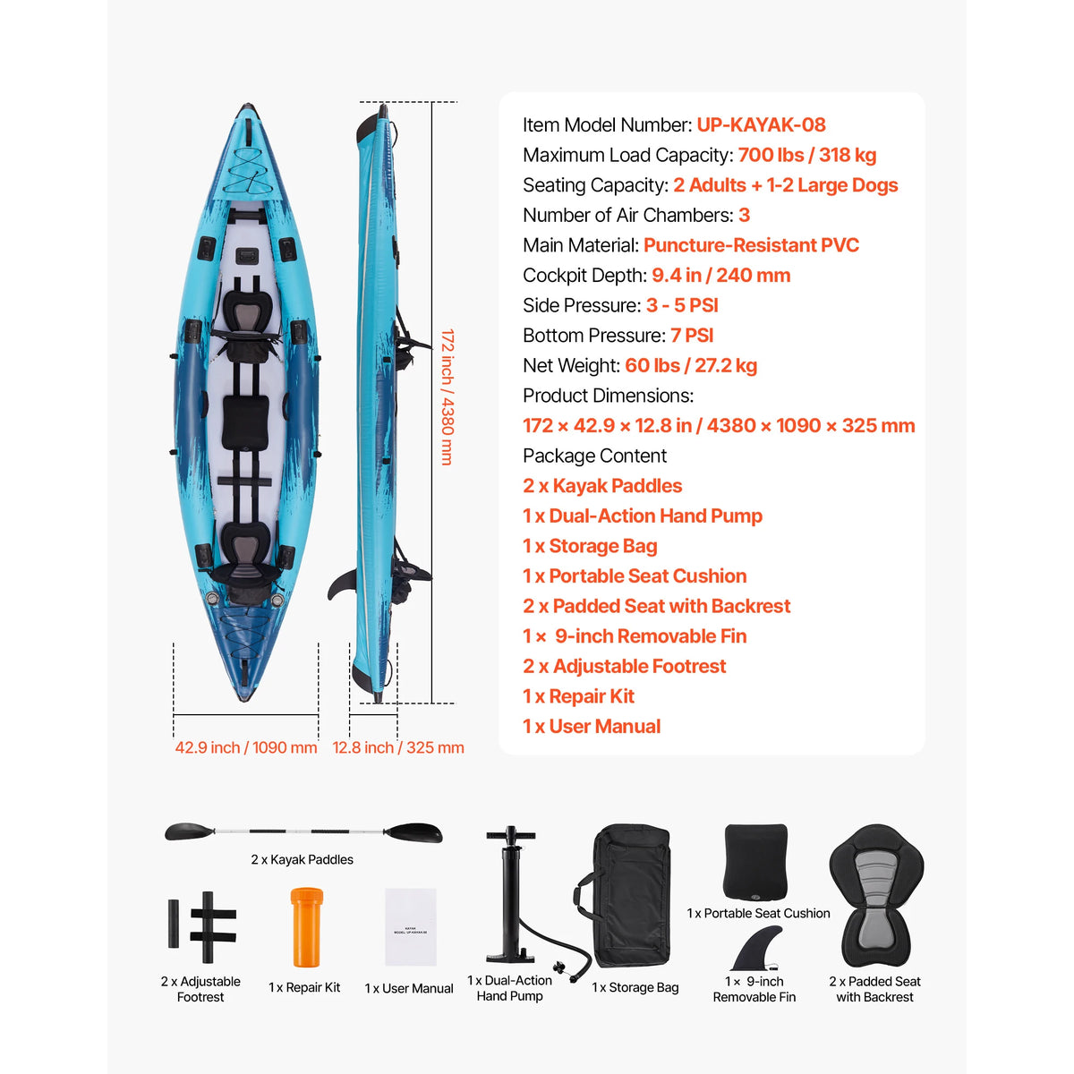 SucceBuy Inflatable Kayak with Padded Seats for Recreational Fishing