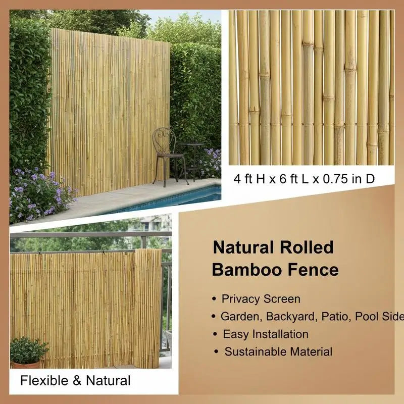 Bamboo Paneling 4 ft H x 6 ft L x 0.75 in D For Garden Backyard Patio, Privacy Screen Natural Decorative Fencing Boundary Partition Rolled Wood Texture Outdoor Space Divider Indoor Wall Decoration Individual Stalks Constructi