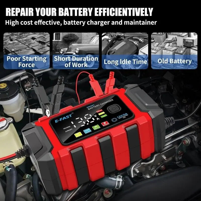 12V 6A Smart Battery Charger Trickle Maintainer for Auto Truck Lawn Mower Marine