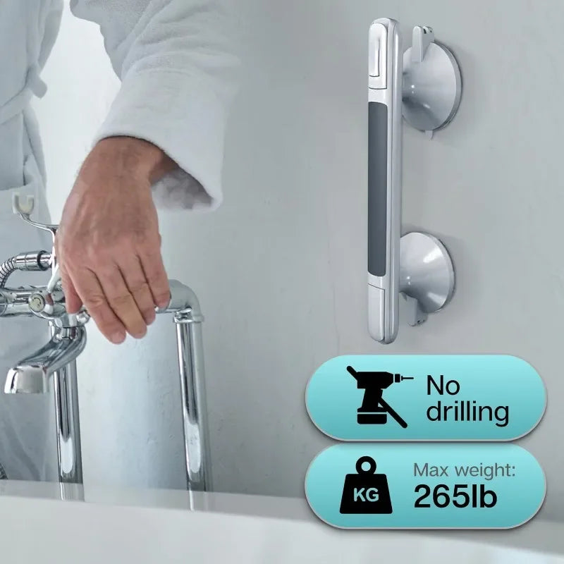 Shower Handles Two Pack, 12-Inch Suction Grab Bar for Bathtubs, Showers and Toilet, Strong Hold Suction Cup Handle, Safety Bar for Seniors, Elderly, Handicap, Bathroom Safety Grip No Drilling