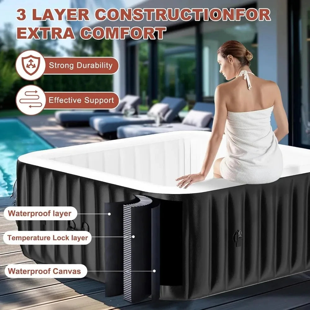 4-6 Person Square Inflatable Hot Tub,130 Bubble Jets & Full Set,Outdoor Portable Spa Bathtub, Custom