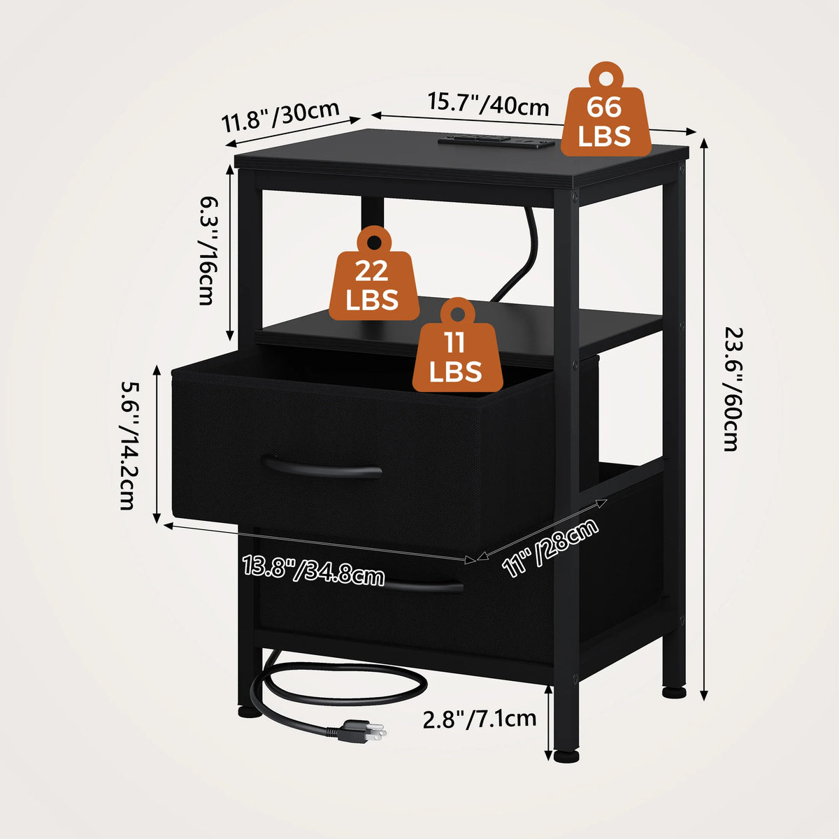 JHK Nightstand With Fabric Drawers Open Shelf USB Charging Station