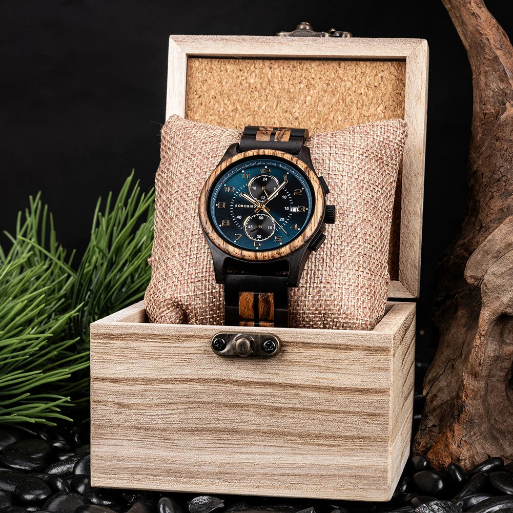 BOBO BIRD Men’s Wooden Chronograph Watch Luminous Hands, Handcrafted Chronograph Wrist Watch with Gift Box Adjustable Wooden Strap Perfect Gift for Anniversary Birthday