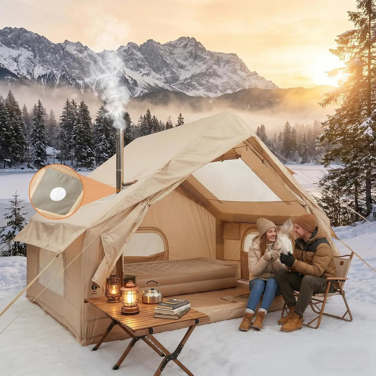 Inflatable Waterproof Family Camping Tent With Stove Jack and Skylight