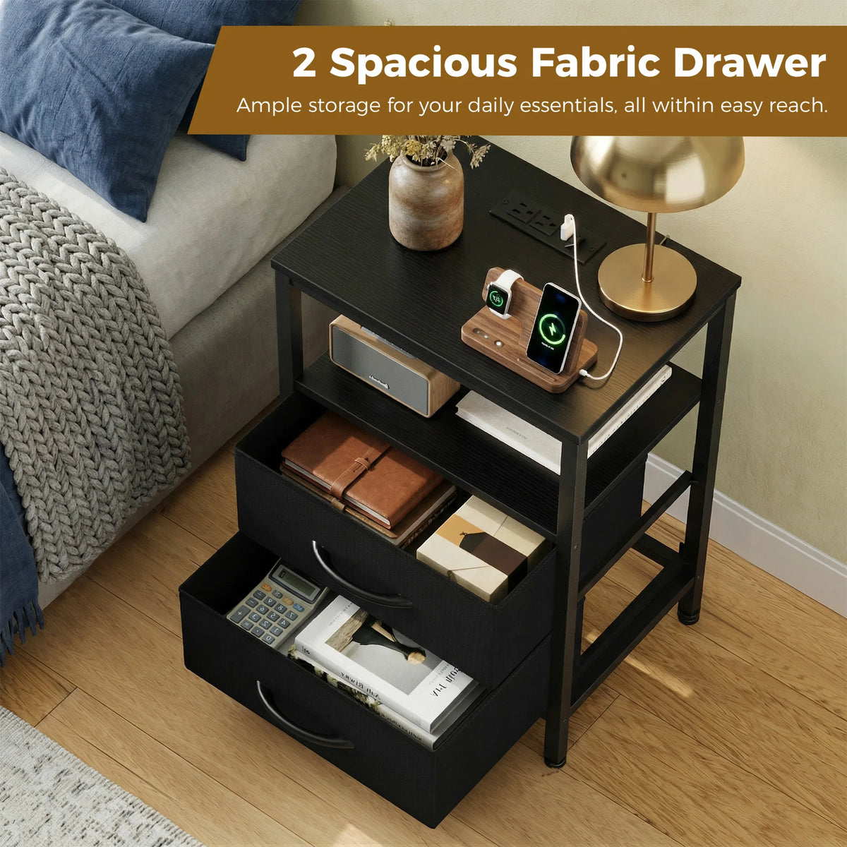 JHK Nightstand With Fabric Drawers Open Shelf USB Charging Station