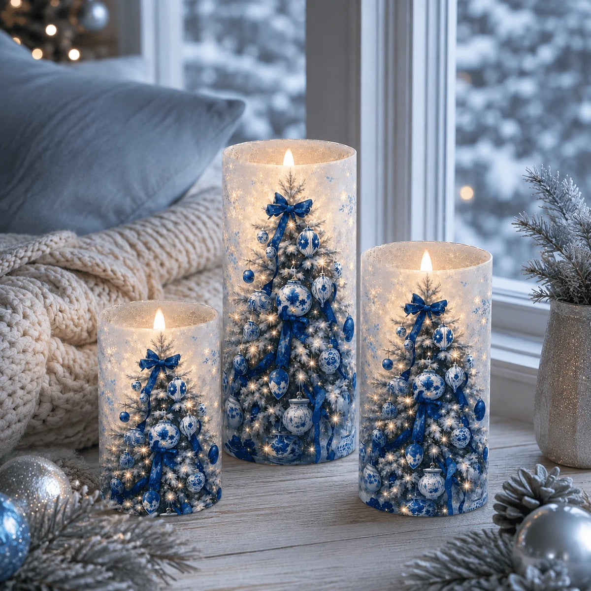 Christmas Flameless Candles With Snowy Tree Pattern Holiday Decor