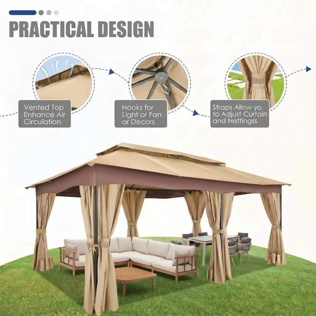 Tooluck Outdoor Gazebo With Curtains And Ventilated Double Roof