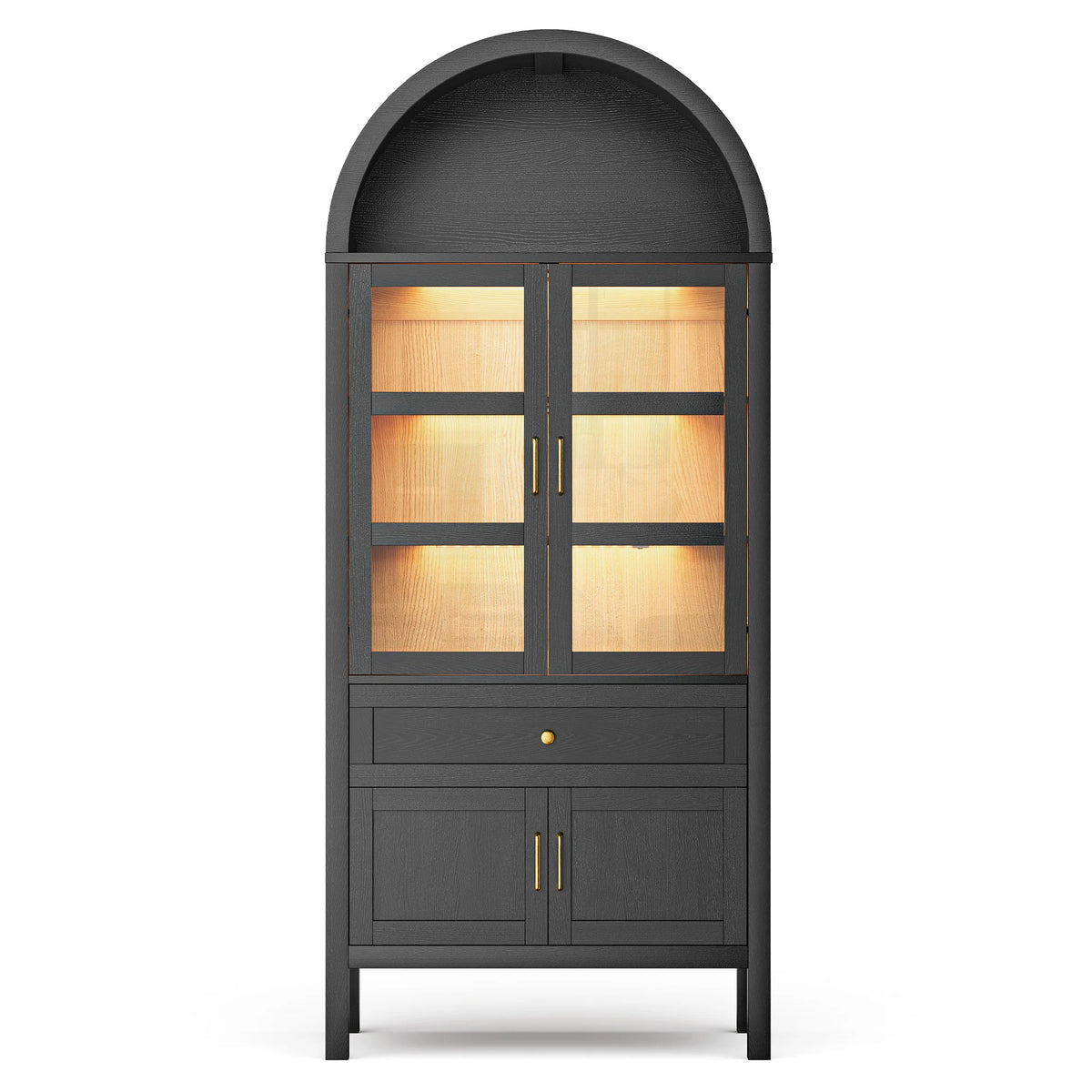71 Inch Tall Full Wood Arched Storage Cabinet Adjustable Shelves Bookcase with Dimmable LED Lights for Living Room Bedroom