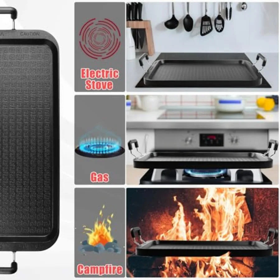 Stove Top Flat Griddle, 2 Burner Griddle Pan for Stove Top Grill, Alumum Pancake pan, Non-Stick Charcoal Grill For Outdoor/Camp