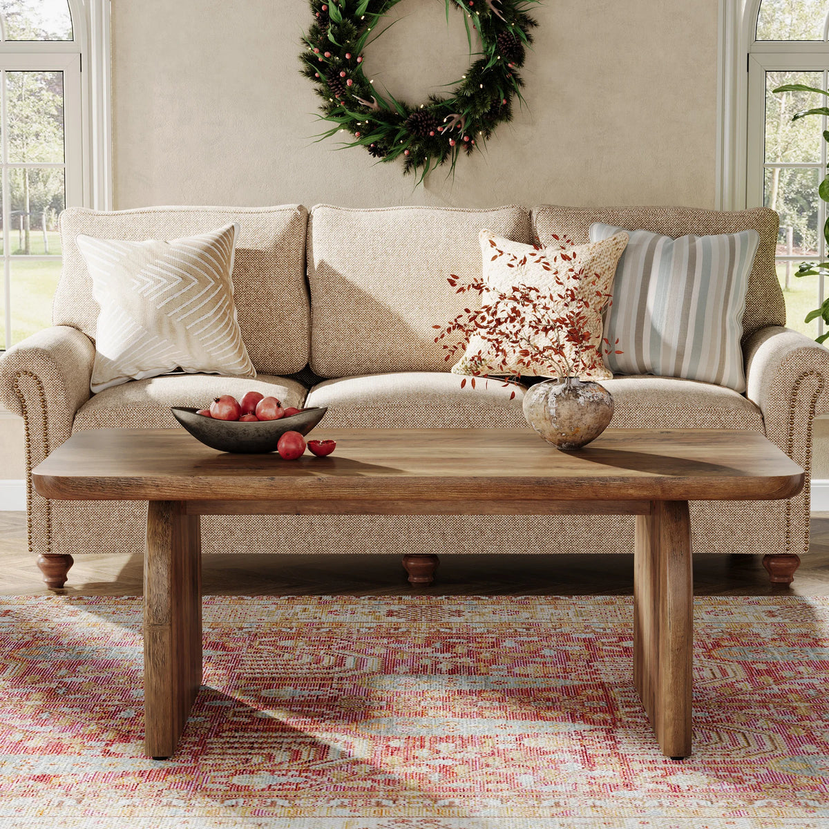 Tribesigns Farmhouse Rectangular Coffee Table with Sturdy Engineered Wood Base