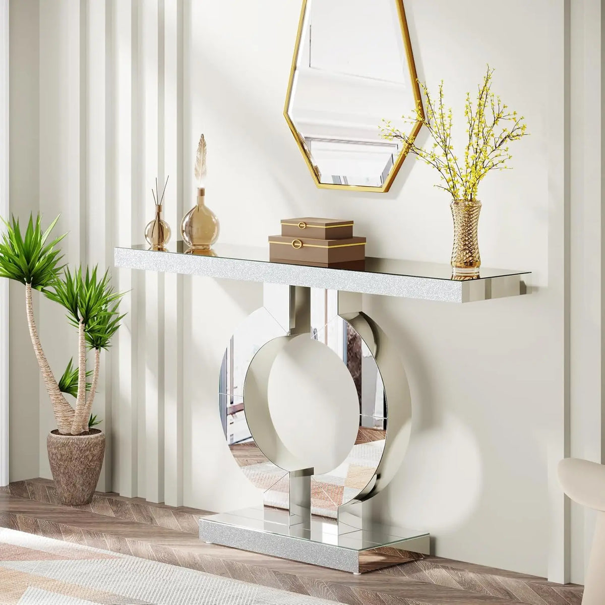 Tribesigns 43.3-Inch (110cm)Mirrored Console Table, Modern Entryway Table with Thickened Mirror Finish Tabletop