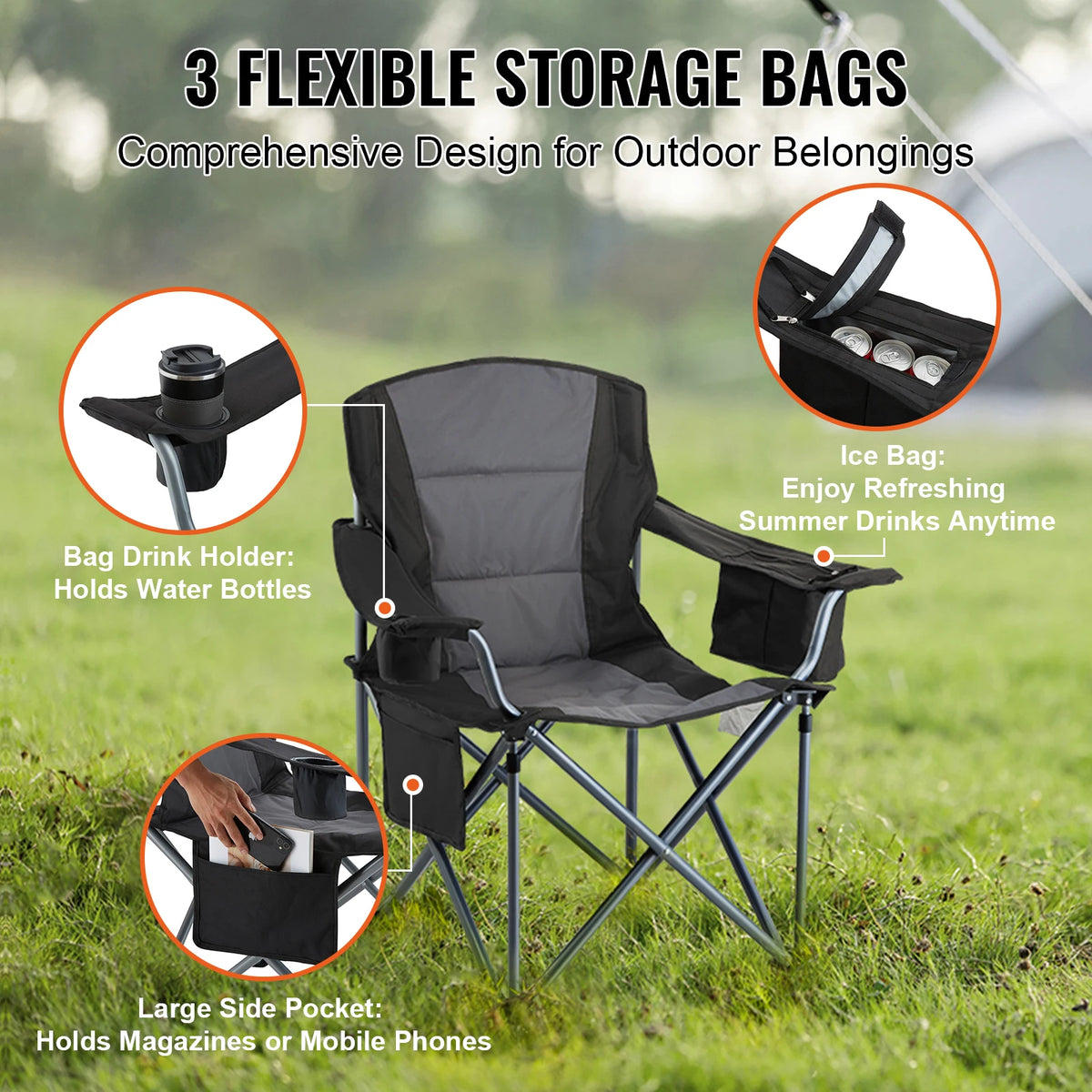 VEVOR Portable Folding Chair With Padded Armrests And Pockets