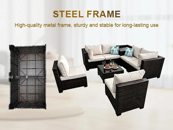 Cozy Modular Corner Outdoor Sofa Collection, PE Rattan Wicker Patio Furniture With Practical Storage Boxes, Soft Plush Cushions, Sturdy Steel Frame, All‑Weather Backyard Lounge Seating Group, 8‑Pieces For Terrace, Porch,