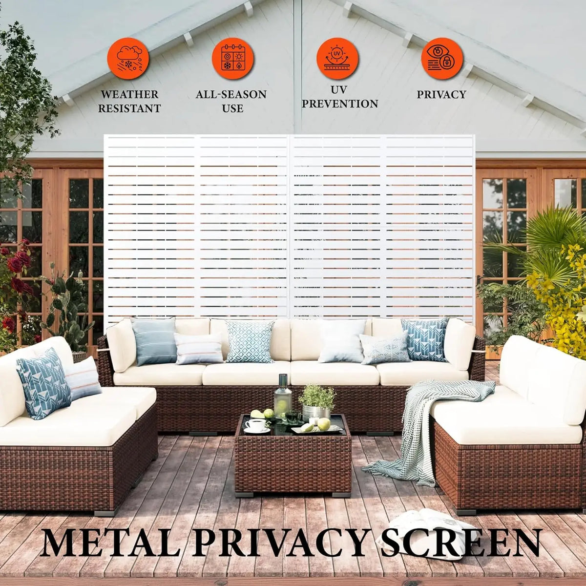 Freestanding Metal Outdoor Privacy Screen – 183x120cm Decorative Garden Divider with Stand – Large Patio & Balcony Fence Panel – Easy Install – Horizontal Stripes